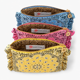 Three zippered pouches stacked vertically, each featuring a different paisley bandana print in blue, pink, and yellow. The pouches have ruffled edges, a leopard-print interior lining, and a small gold-tone flower charm attached to the zipper pull.