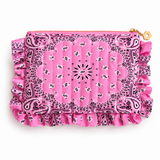 a bandana print ruffled and quilted pouch in pink laid flat, white background