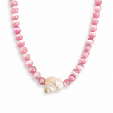 Necklace with pink beads and a shell pendant on a white background