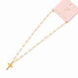 Gold and pearl necklace with a cross pendant on a white background, featuring Ellison Young branding.