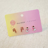 Set of festive mini stud earrings with candy cane and snowman designs – perfect for Christmas cheer