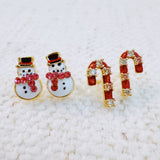 Set of festive mini stud earrings with candy cane and snowman designs – perfect for Christmas cheer