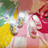 Indoor slippers with a playful cherry print on a soft pink background, round-toe design, available in multiple sizes