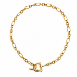 Gold toggle clasp chain necklace with mixed oval and round links in a polished yellow gold finish, styled in a modern minimal silhouette on a white background.
