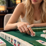 Model wearing Ellison+Young Color Bead Mahjong Stretch Ring – lifestyle shot showing all 5 color variants styled together