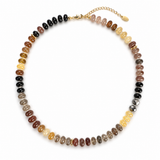 Brown color tone beads in a necklace with gold tone hardware