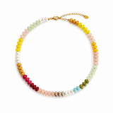 colorful beads in a necklace with gold tone hardware