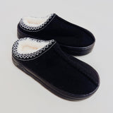 Soft fleece-lined indoor slippers in cream, black, and camel colors with round-toe design, available in multiple sizes