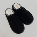 Soft fleece-lined indoor slippers in cream, black, and camel colors with round-toe design, available in multiple sizes
