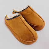 Soft fleece-lined indoor slippers in cream, black, and camel colors with round-toe design, available in multiple sizes