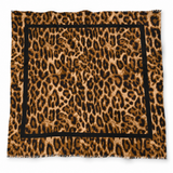 Brown leopard print oversized square scarf with a black inset border and lightly fringed edges.