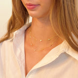 Elegant layered necklace featuring delicate gold chains accented with crystal bezel stations, perfect for a subtle sparkle and refined style.