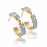 Gold hoop earrings with light blue enamel accents on a white background