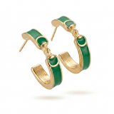 Gold hoop earrings with green enamel accents on a white background