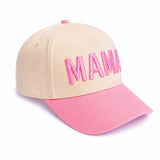 MAMA embroidered in bold font in pink thread, pink tone brim baseball cap from side view