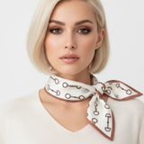 Scarf featuring an elegant equestrian-inspired chain link border design, ideal for accessorizing the neck, hair, or handbag handles.