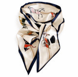 Silk scarf with vintage-style illustrations of horses and carriages on a white background