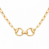 Gold chain necklace with a unique clasp design on a white background