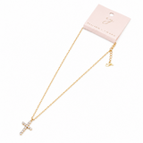 Gold necklace with a cross pendant on a white background