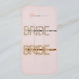 Elegant set of two gold and silver hair pins featuring sparkling "Bride" lettering and glam crystal accents—perfect for bridal showers, bachelorette parties, or wedding day styling.