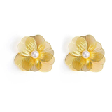 Pair of gold flower-shaped earrings with pearl centers on a white background