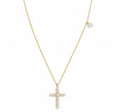 An elegant gold-tone necklace featuring a cross pendant made of luminous pearls with a sparkling crystal at the center. The pendant hangs from a 24-inch chain with a 2-inch extender, creating a timeless and graceful look perfect for layering or wearing solo.