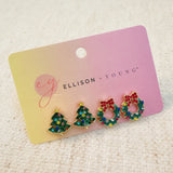 Duo of festive stud earrings featuring Christmas trees and holiday wreaths – perfect for seasonal charm