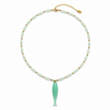 A beaded necklace featuring light mint green cylindrical beads separated by small gold spacer beads, with a matching mint green fish-shaped pendant hanging from the center. The necklace is completed with a gold-tone extender chain and clasp, shown on a plain white background.