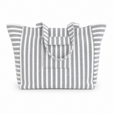 Gray and white striped oversized beach tote with handle white background