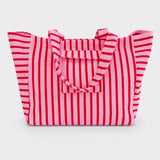 Pink and red striped tote bag on a white background