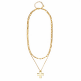 Gold necklace with a cross pendant on a white background