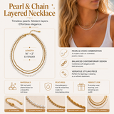 Pearl and chain layered necklace with product details on a white background