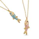 Two gold fish pendants on gold chains with blue and pink designs against a white background.