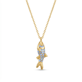Gold fish-shaped pendant necklace on a white background