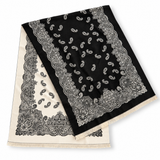Ellison+Young Luxe Bandana Paisley Shawl Scarf in Black Ivory, ivory paisley and ornate border print on black with fringed ends