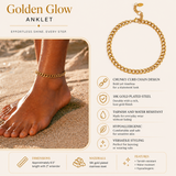 Gold anklet on a foot with sand, product details, and brand name 'Golden Glow' displayed.