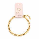 Gold chain anklet on a white background with a pink card displaying 'cy' branding.