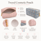 an infographic for Tweed Cosmetic Pouch shows materials, dimensions, all details