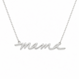 Silver necklace with 'mami' pendant on a white background