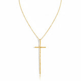Delicate gold-tone necklace featuring a sleek vertical cross pendant on a fine chain, offering a modern and understated take on a classic faith-inspired design.