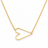 Close-up of the sideways gold open heart outline pendant on a fine cable chain