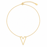 Ellison + Young Modern Open Heart Pendant Necklace worn upright – 18k gold plated elongated open heart on a fine cable chain with spring ring clasp and extender