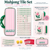 Infographic highlighting the features of the Palm Resort Mahjong Tile Set, including 160 crystal acrylic tiles, 2 dice, Mah Jong score cards, and a striped storage bag.