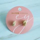Pair of elegant interlocking loop earrings encrusted with shimmering pavé crystals. The design features two linked ovals forming a sculptural, modern silhouette with a refined, high-shine finish that catches the light beautifully.