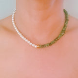Unique necklace featuring alternating freshwater pearls and gemstone accents, creating a harmonious blend of classic charm and radiant sophistication.