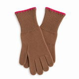 A pair of brown knit gloves with a bright pink ribbed trim at the cuffs, displayed against a clean white background.