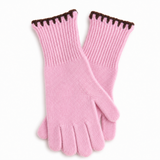 A pair of pink knit fingerless gloves with a contrasting dark brown trim along the ribbed cuffs, displayed against a clean white background.