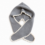 A gray ribbed knit hooded scarf with a white scalloped trim, laid flat on a white background.