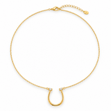 Full-length view of the Sculpted U Pendant Necklace with gold cable chain, lobster clasp and 2 inch extender with logo tag