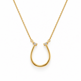 Ellison + Young Sculpted U Pendant Necklace – 18k gold plated horseshoe-shaped pendant with two baguette cubic zirconia accents on a fine cable chain, front view